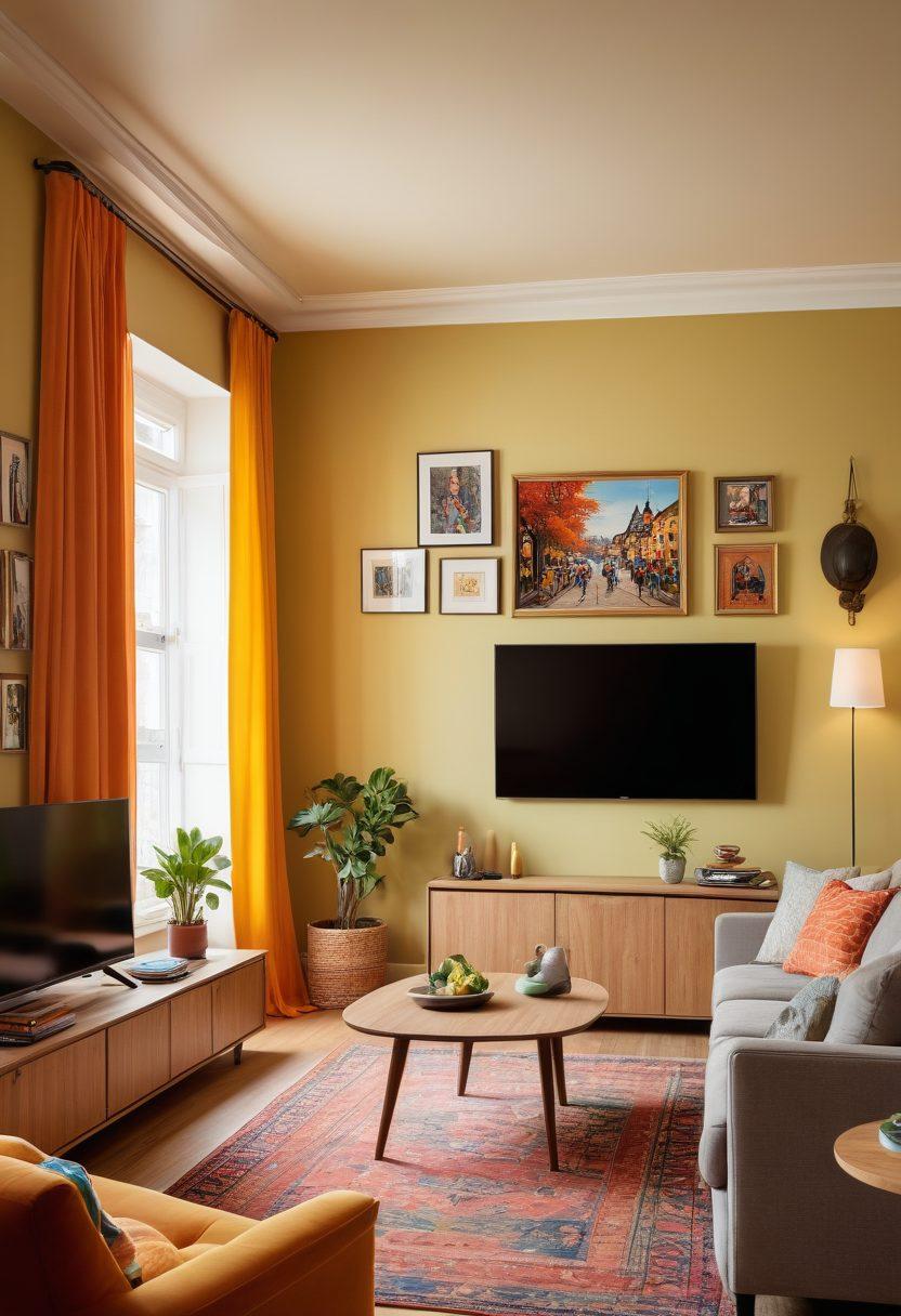 A vibrant, modern living room with a large TV showing a diverse range of German entertainment, including a mix of films, series, and news programs. A relaxed family is enjoying streaming content together, surrounded by German cultural artifacts. The scene is warm and inviting, invoking a sense of community around media consumption. Bright colors highlight the furnishings and entertainment, emphasizing the joy of shared experiences. super-realistic. vibrant colors. 3D.
