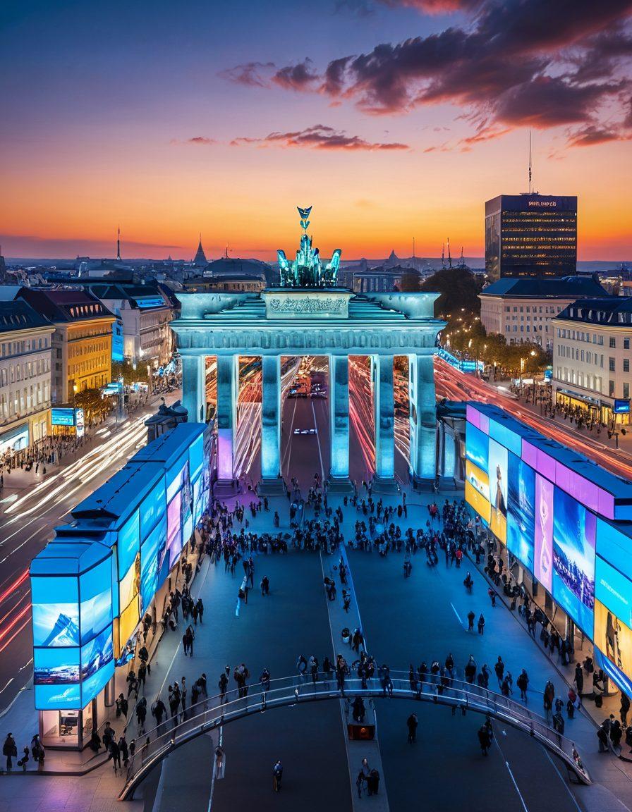 A futuristic digital landscape featuring a bustling virtual hub representing German media streaming, with iconic German landmarks in the background like Brandenburg Gate, intertwined with high-tech elements like streaming devices and glowing media screens. Include a diverse group of people interacting with this media, showcasing cultural aspects. Bright, inviting colors that convey a sense of adventure and exploration. surrealistic. vibrant colors. high-tech elements.