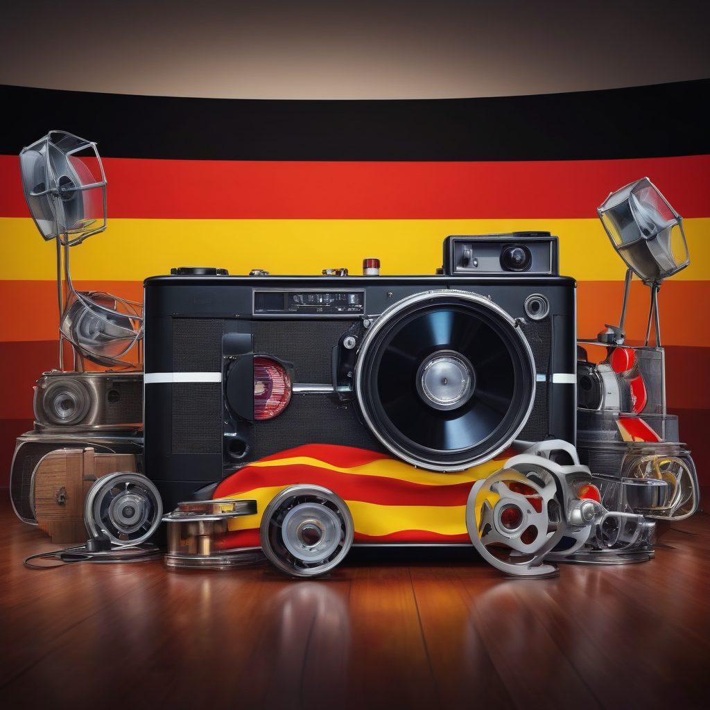 A visually captivating montage showcasing the essence of German entertainment: include iconic film reels, vibrant streaming graphics, and classic show scenes, all set against a backdrop of the German flag. Highlight popular German actors and musicians in a stylish layout, creating a welcoming atmosphere for film lovers. Create a dynamic and engaging design to represent streaming culture. super-realistic. vibrant colors. modern graphic style.